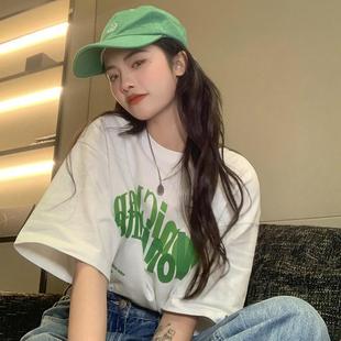 2025年春夏新款 白色T恤上衣女 韩版 宽松休闲慵懒印花百搭纯棉短袖