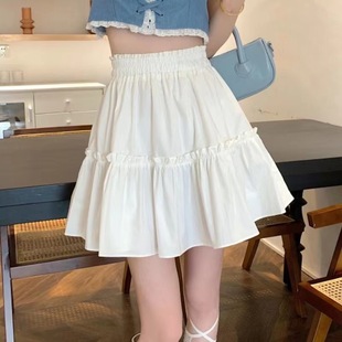 薄款 裙子150夏季 伞裙高腰a字短裙百褶裙不透半身裙女夏白色小个子