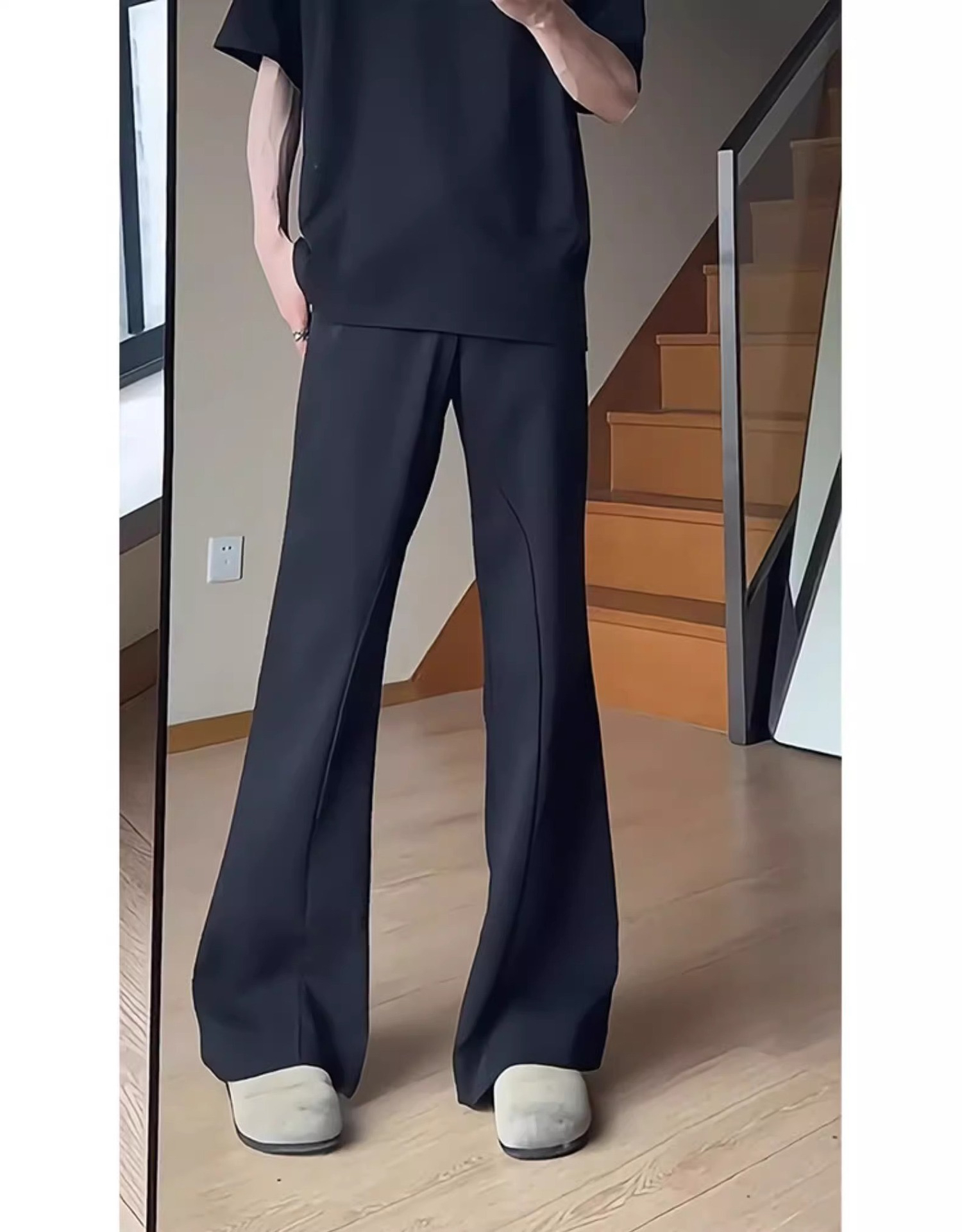 微喇叭西裤男黑色西装裤垂感高级感裤子高街修身显瘦显高直筒裤潮