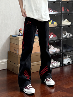 美式复古水洗宽松直筒窄版牛仔裤斜杠男女同款黑色侧边三杠刺绣