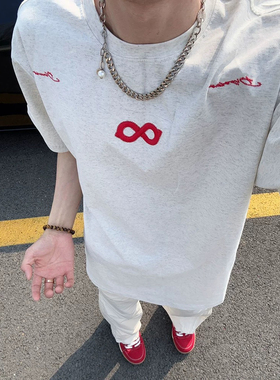 纯棉重磅美式刺绣正肩短袖t恤男高款级感潮牌痞帅小领口半袖体恤