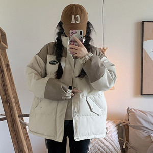 拼接设计感短款羽绒服女2023年新款小个子情侣加厚面包服棉外套潮