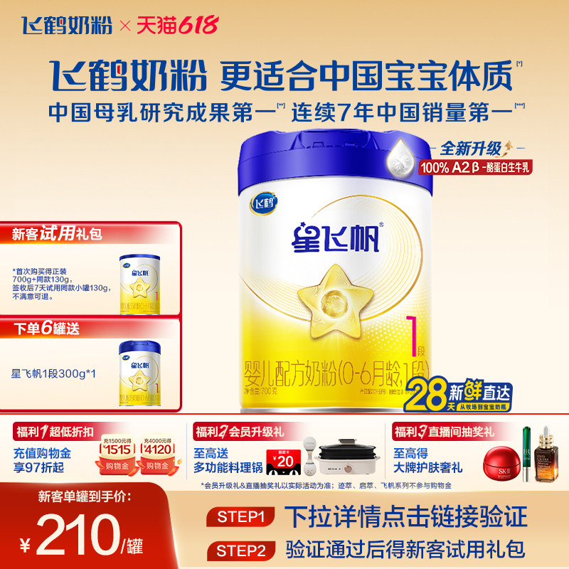 【A2奶源升级】飞鹤星飞帆1段0-6个月婴幼儿配方奶粉700g*1罐HMO