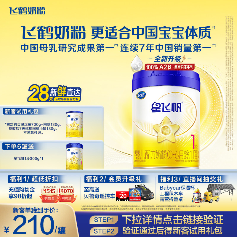 【新生专属】飞鹤星飞帆1段100%A2&beta;酪蛋白奶源婴儿配方奶粉700g