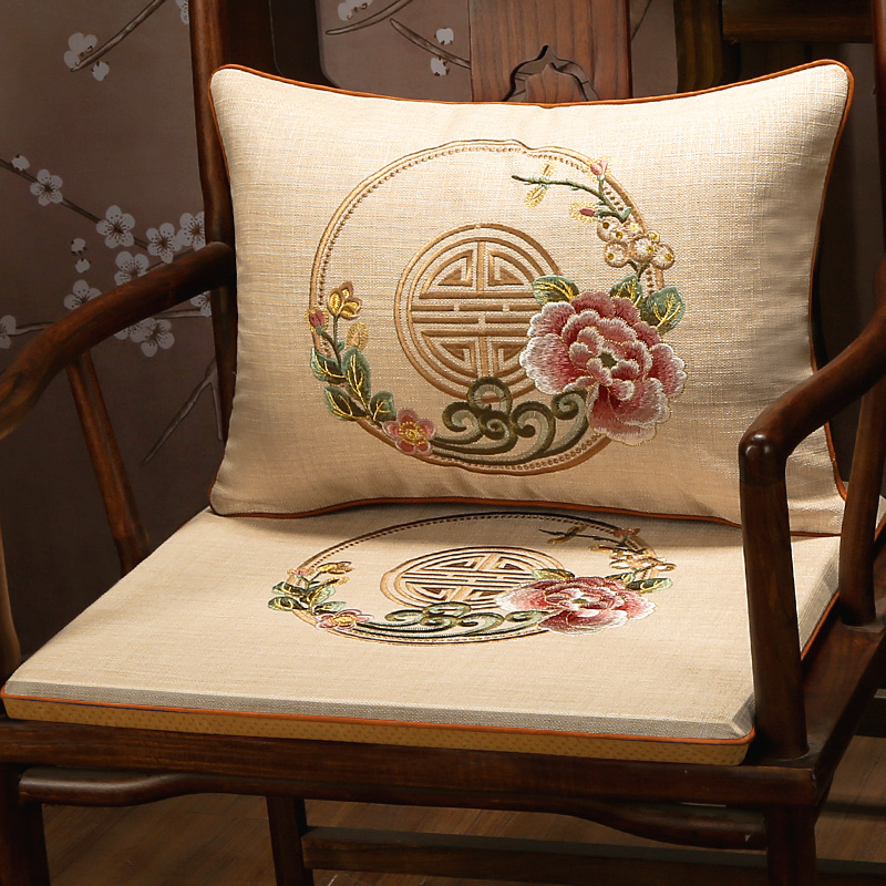 中式亚麻刺绣坐垫椅垫可定制尺寸