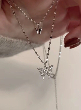 双层蝴蝶气质锁骨链女ins简约冷淡风通勤百搭配饰配裙子超仙项链