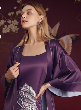 Liza Cheng蝴蝶印花紫色睡衣女士舒适宽松睡袍晨袍起居服家居服