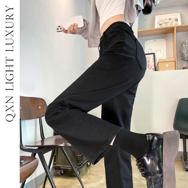 黑色烟管裤女春秋2025新款高腰显瘦加绒小个子八九分直筒牛仔裤子