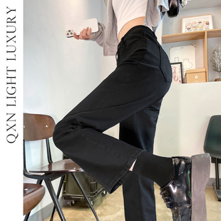 黑色烟管裤女春秋2025新款高腰显瘦加绒小个子八九分直筒牛仔裤子