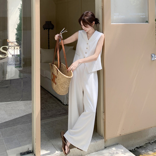 两件套 米白色气质老钱风穿搭马甲套装 女2025夏季 新款 高级感阔腿裤