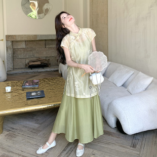 綠色新中式 裙女2025夏季 新款 吊帶連衣裙兩件套 國風(fēng)文藝范上衣套裝