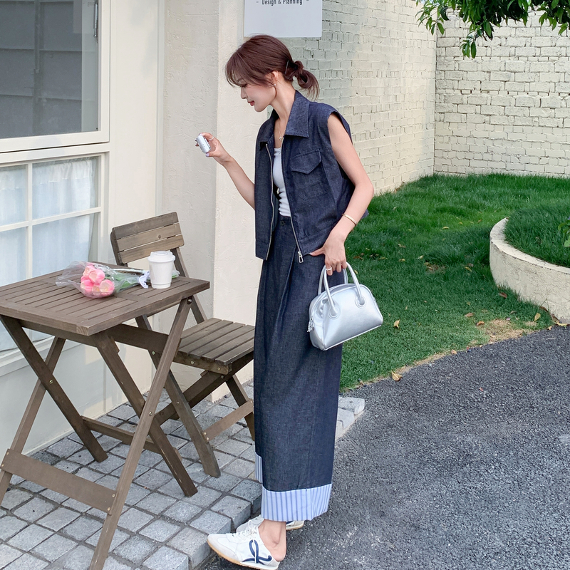 高级感盐系穿搭一整套牛仔套装女2025年夏季新款背心阔腿裤两件套