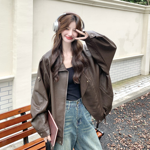 新款 咖色洋气高级感甜酷风复古皮衣外套女2025秋季 机车范pu皮夹克