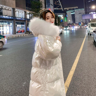 亮面免洗羽绒服女2025冬季 过膝棉服白鸭绒衣 新款 大毛领加厚中长款