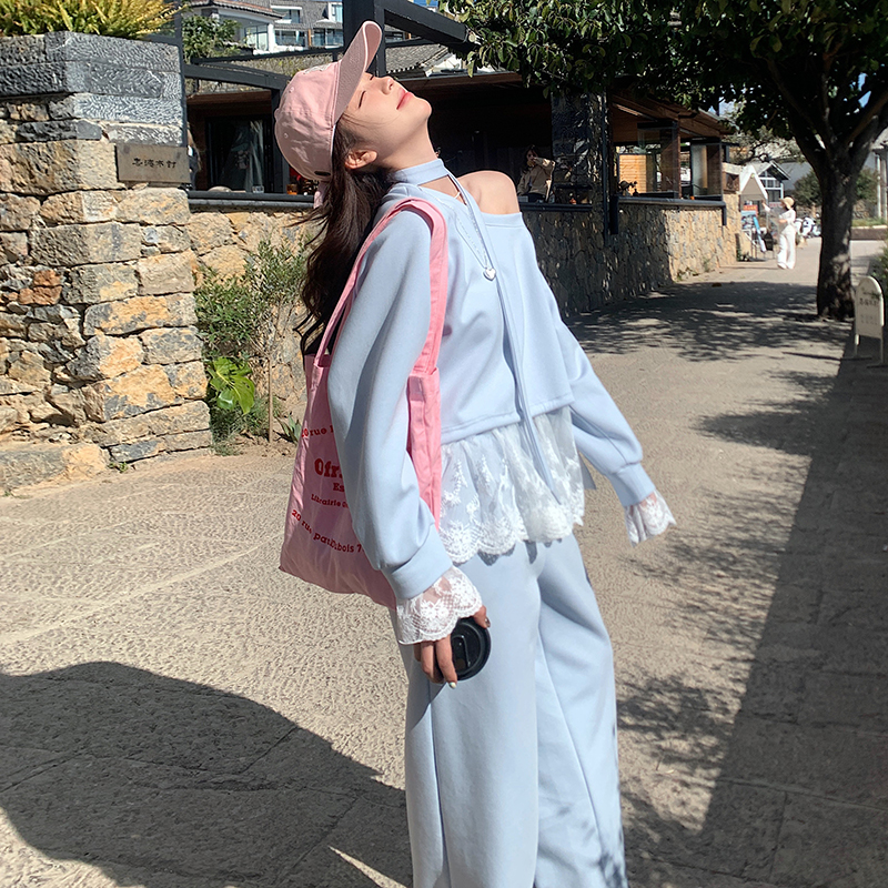 蓝色韩版蕾丝拼接小心机卫衣套装女2025春季新款高腰阔腿裤两件套