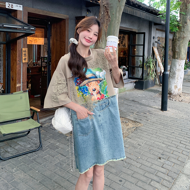牛仔拼色假两件连衣裙女2025夏季新款韩系减龄小个子中长款T恤裙