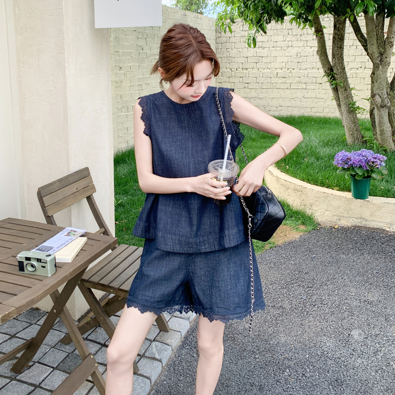 藏青色盐系一整套蕾丝花边牛仔套装女2025夏季新款背心短裤两件套