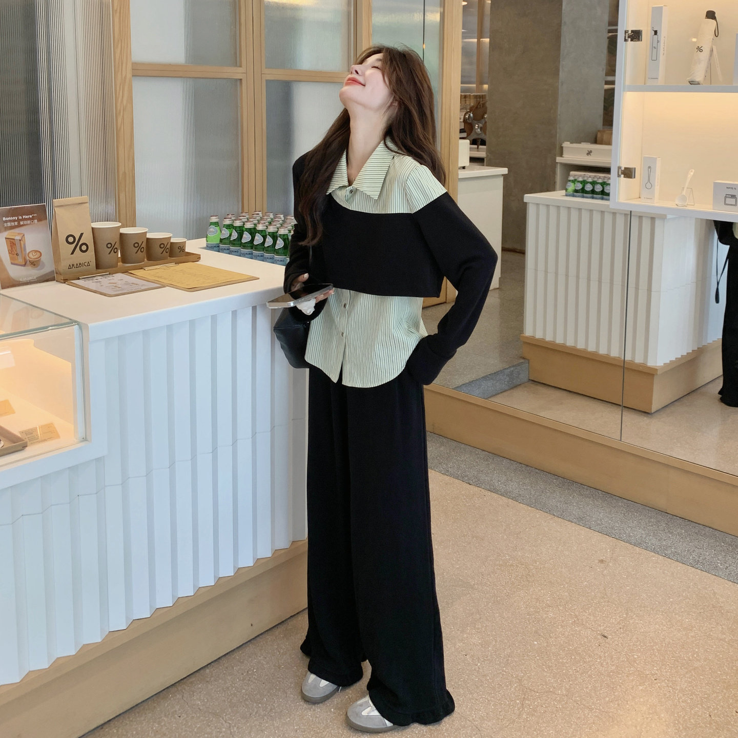黑色独特小众文艺范套装裤女2026秋季新款M假两件衬衫阔腿裤两件