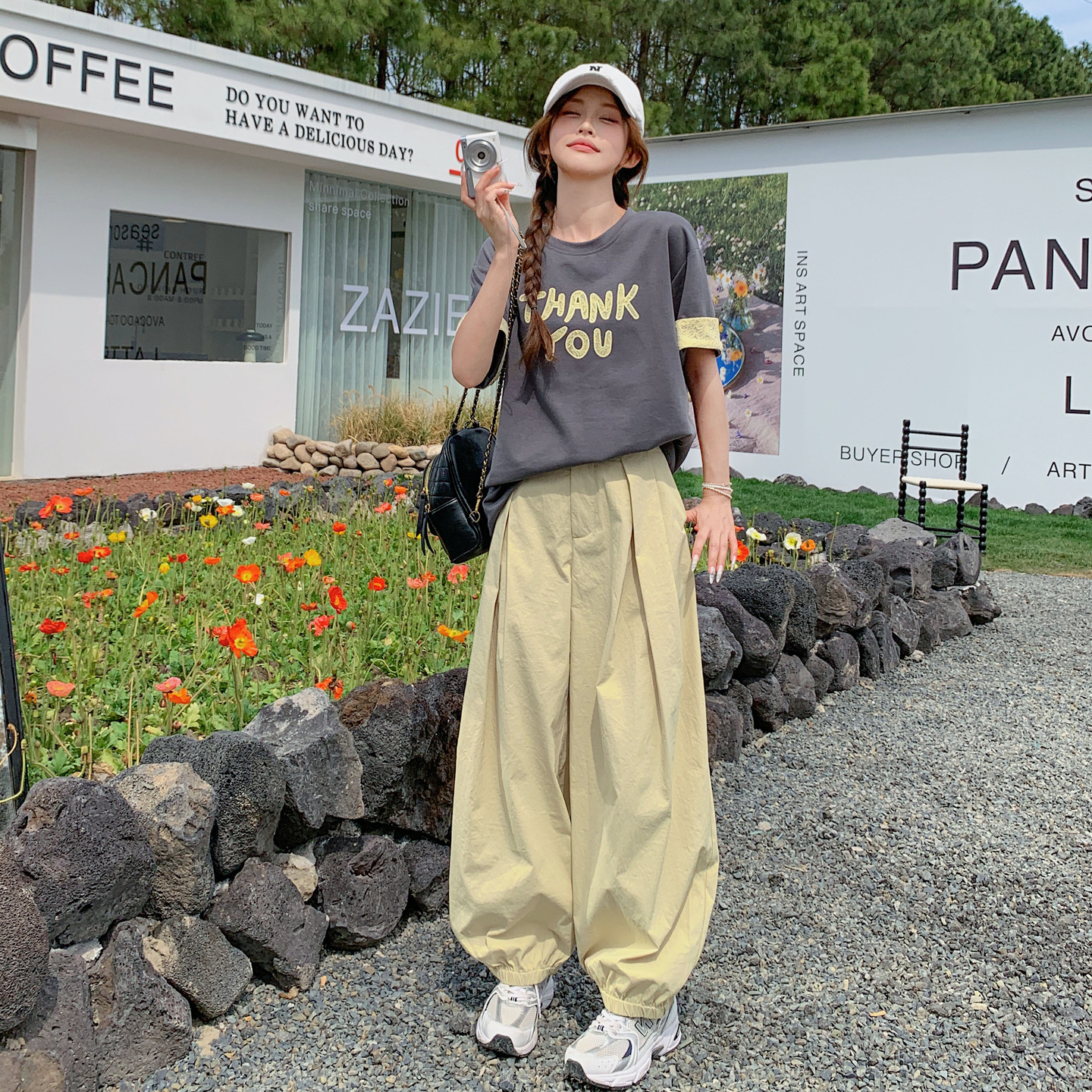 灰色小个子盐系穿搭休闲风T恤套装女2025年夏季新款阔腿裤两件套