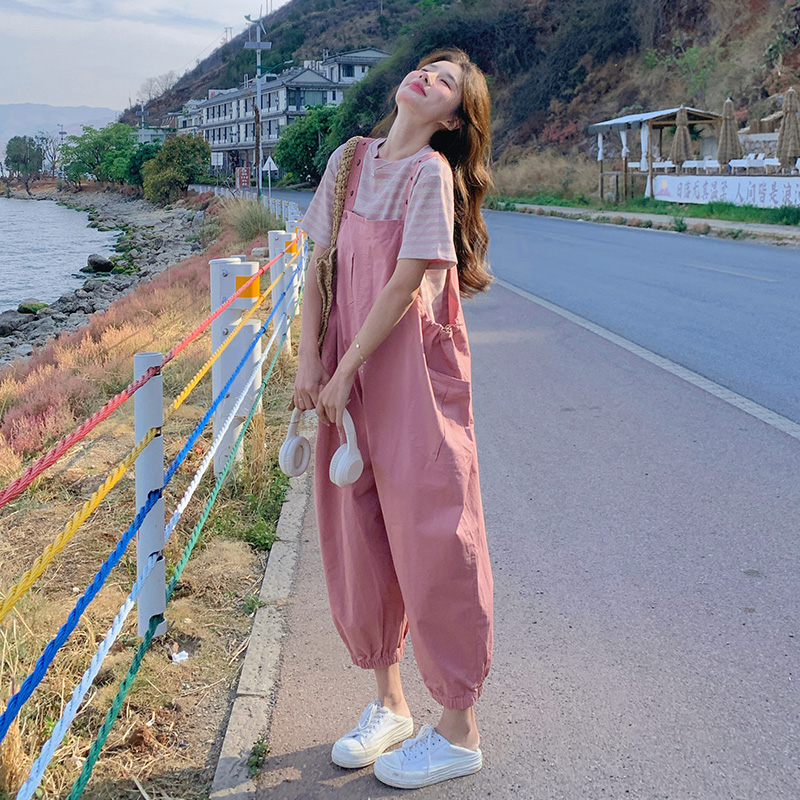 粉色工装背带裤女2025新款夏季薄款学院风减龄小个子裤腿裤两件套