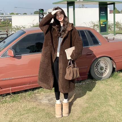 咖色美拉德单排扣减龄连帽羊羔毛外套女2025冬季新款长款皮毛一体
