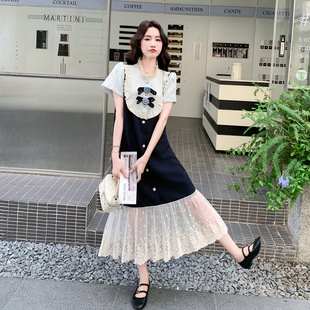 拼色复古轻法式 甜美少女感公主风长裙 假两件连衣裙女2025夏季 新款
