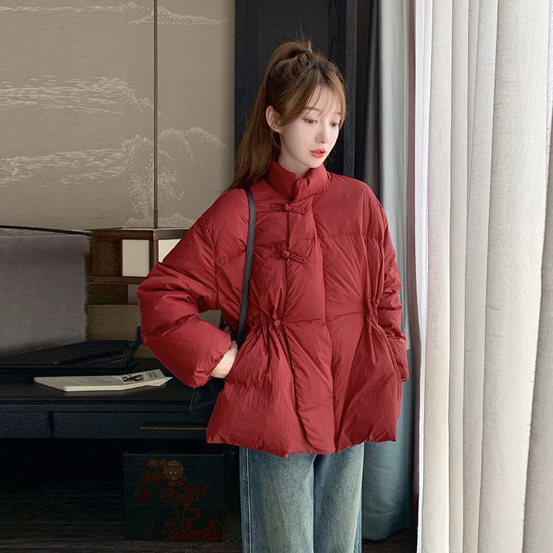 新年红色国风盘扣立领羽绒服女2025冬季新款时尚小个子白鸭绒外套