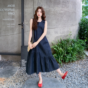 新款 牛仔背心裙 不規則拼接松弛感連衣裙女2025夏季 藏青色韓系時尚