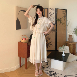 米白色新中式国风套装裙女2025夏季新款气质盘扣提花半身裙两件套
