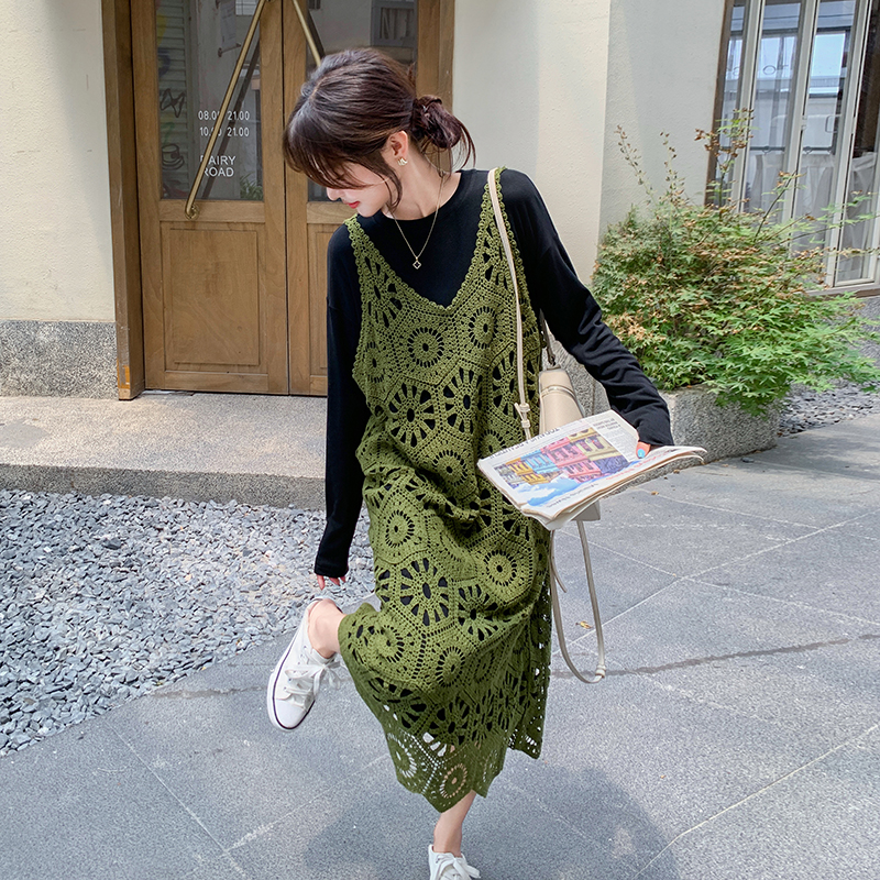 黑色小个子T恤裙+绿色针织罩衫裙套装女2025秋季新款连衣裙两件套
