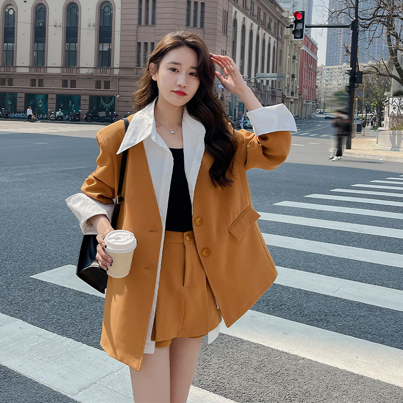 时髦设计感假两件西服套装女春秋简约休闲西装外套高腰裙裤两件套
