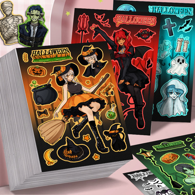 16张原创奇异鬼怪拼贴纸万圣节卡通恐怖手账手机壳笔记本装饰贴画