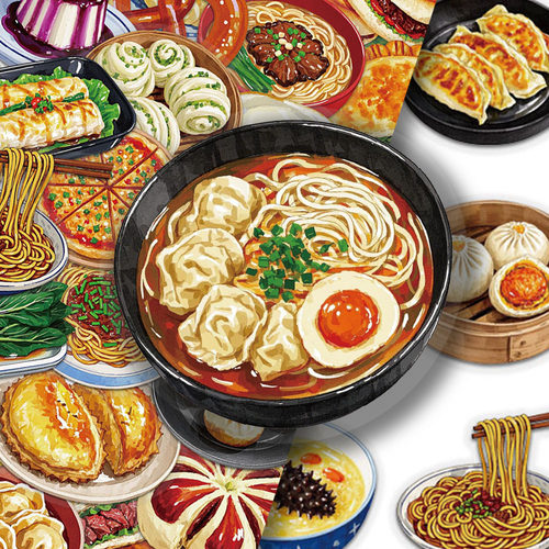 100张中式早点贴纸ins卡通实物美食小吃手账手机壳笔记本装饰贴画