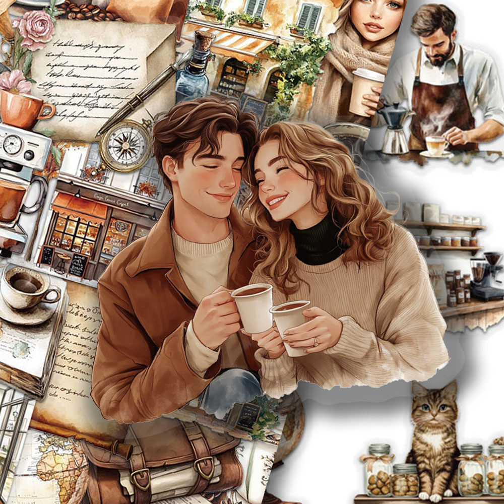 100张复古风咖啡系列贴纸高颜值手账桌面卡通手机笔记本装饰贴画