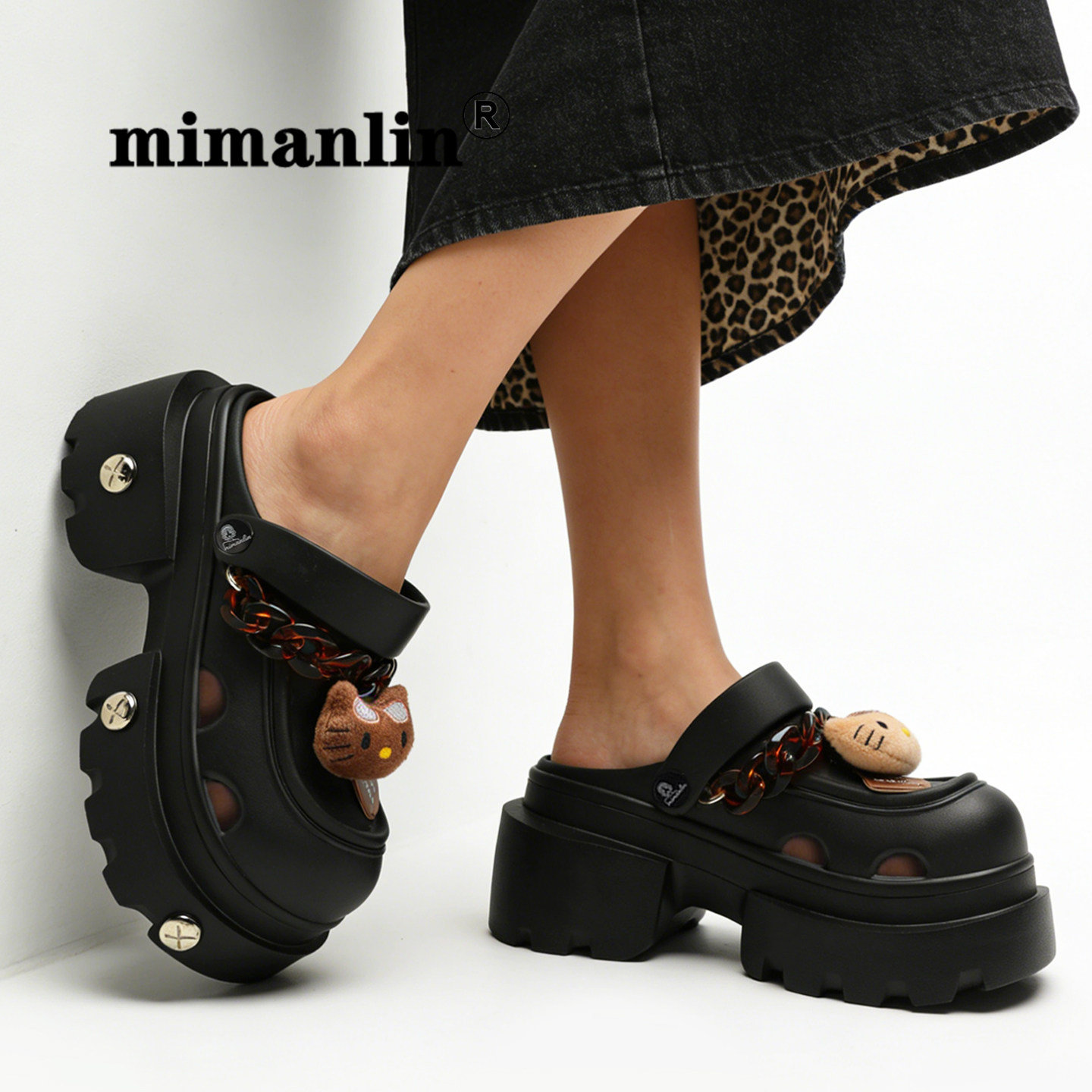 品牌米曼琳黑色厚底时尚洞洞鞋女夏季外穿增高松糕防滑沙滩凉拖鞋