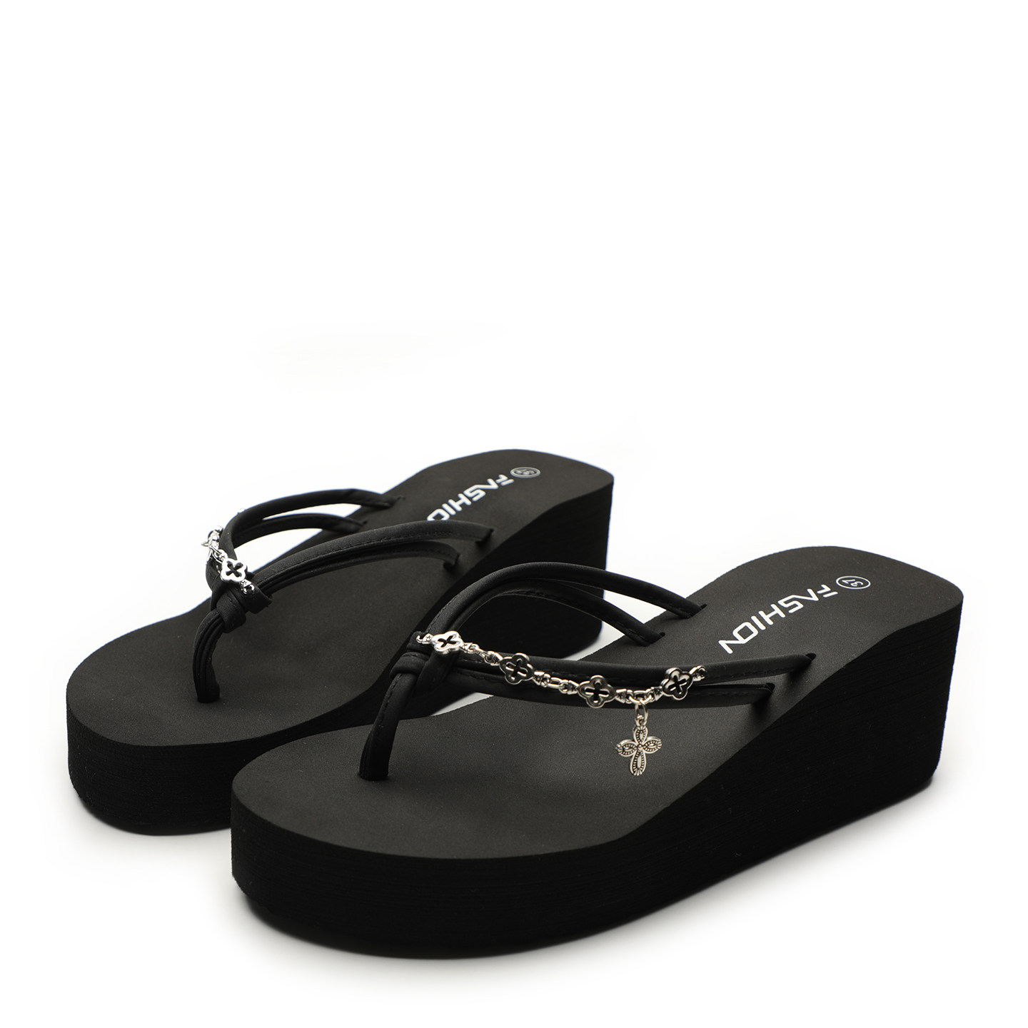 thumbnail for Black platform flip-flops, women's summer outerwear wedge heel, platform cake soles, chain sandals, versatile, height-enhancing, non-slip women's shoes