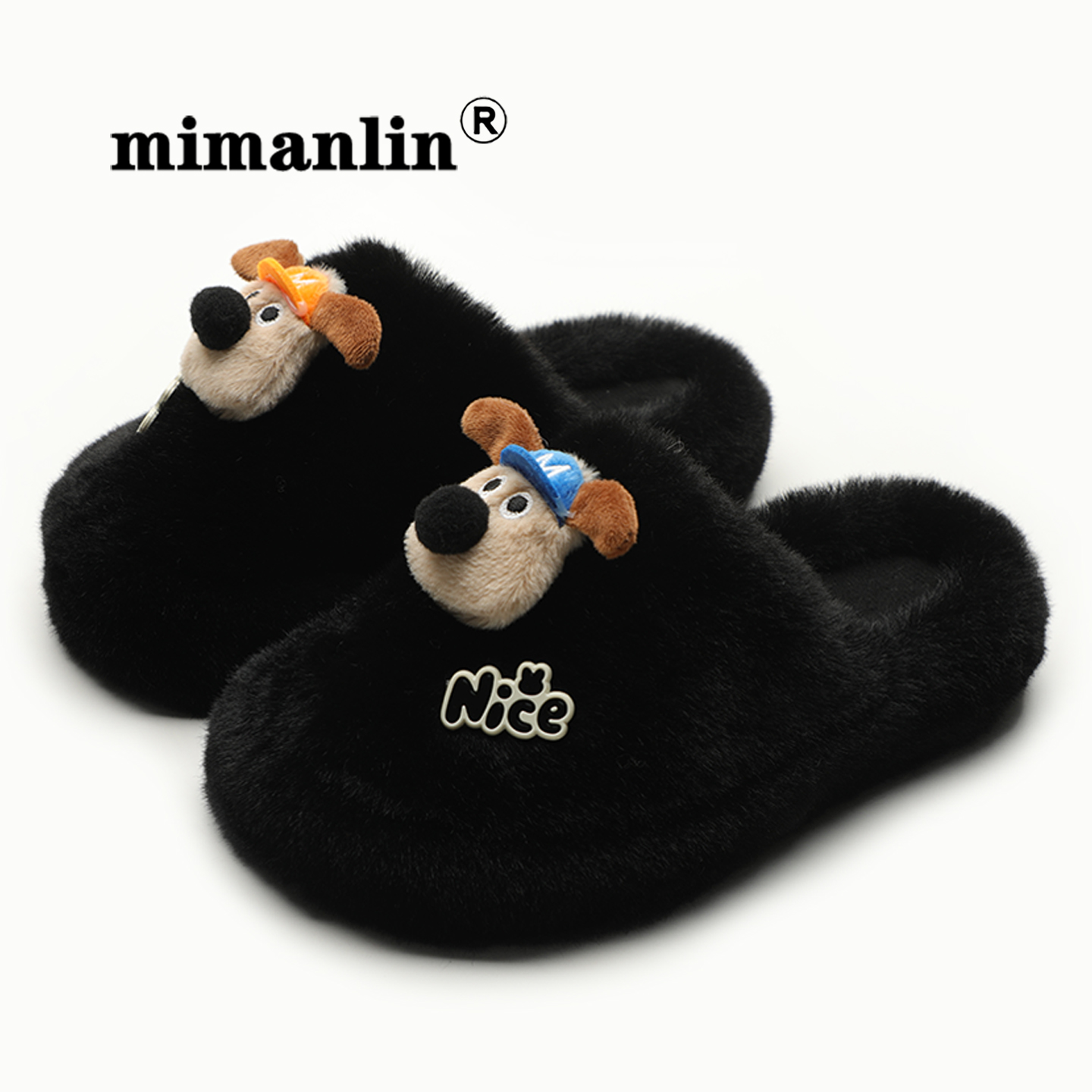 黑色毛绒小狗拖鞋秋冬季踩屎感半拖懒人可爱居家外穿包头毛毛拖鞋
