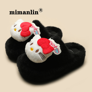 毛毛拖鞋女加绒保暖增高甜萌可爱防滑软底居家外穿包头厚底棉拖鞋