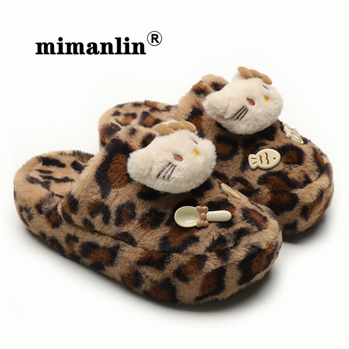 品牌豹纹毛绒拖鞋女士可爱小猫秋冬保暖居家时尚网红懒人毛毛拖鞋