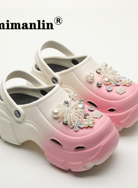 2024新款厚底洞洞鞋女夏季外穿时尚网红水钻珍珠配饰buling凉拖鞋