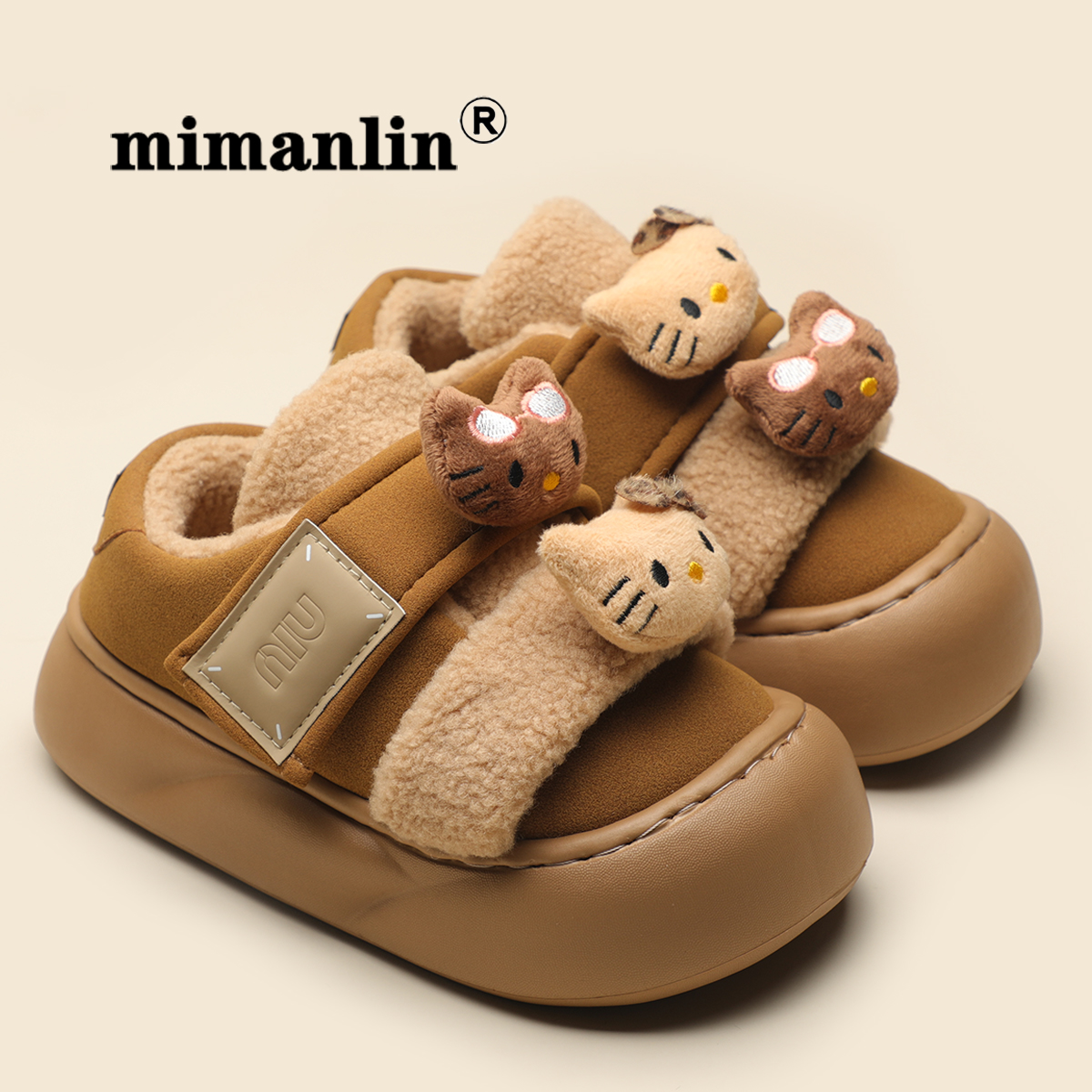 棉鞋女款冬季加绒一脚蹬月子鞋包跟厚底加绒保暖可爱室内居家棉拖