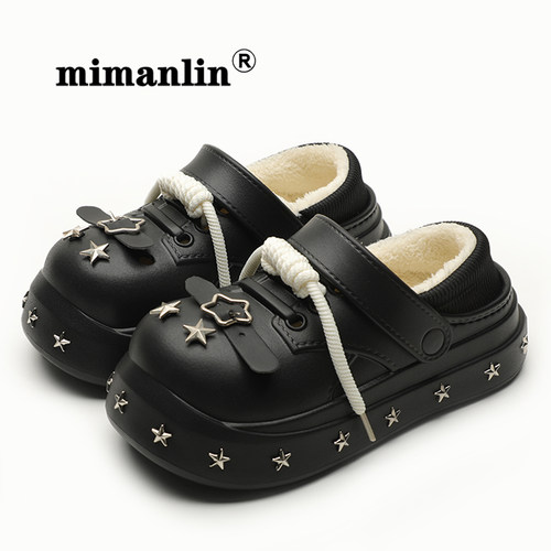 情侣加绒厚底棉拖鞋女包跟秋冬季2025新款朋克风外穿防水防滑棉鞋