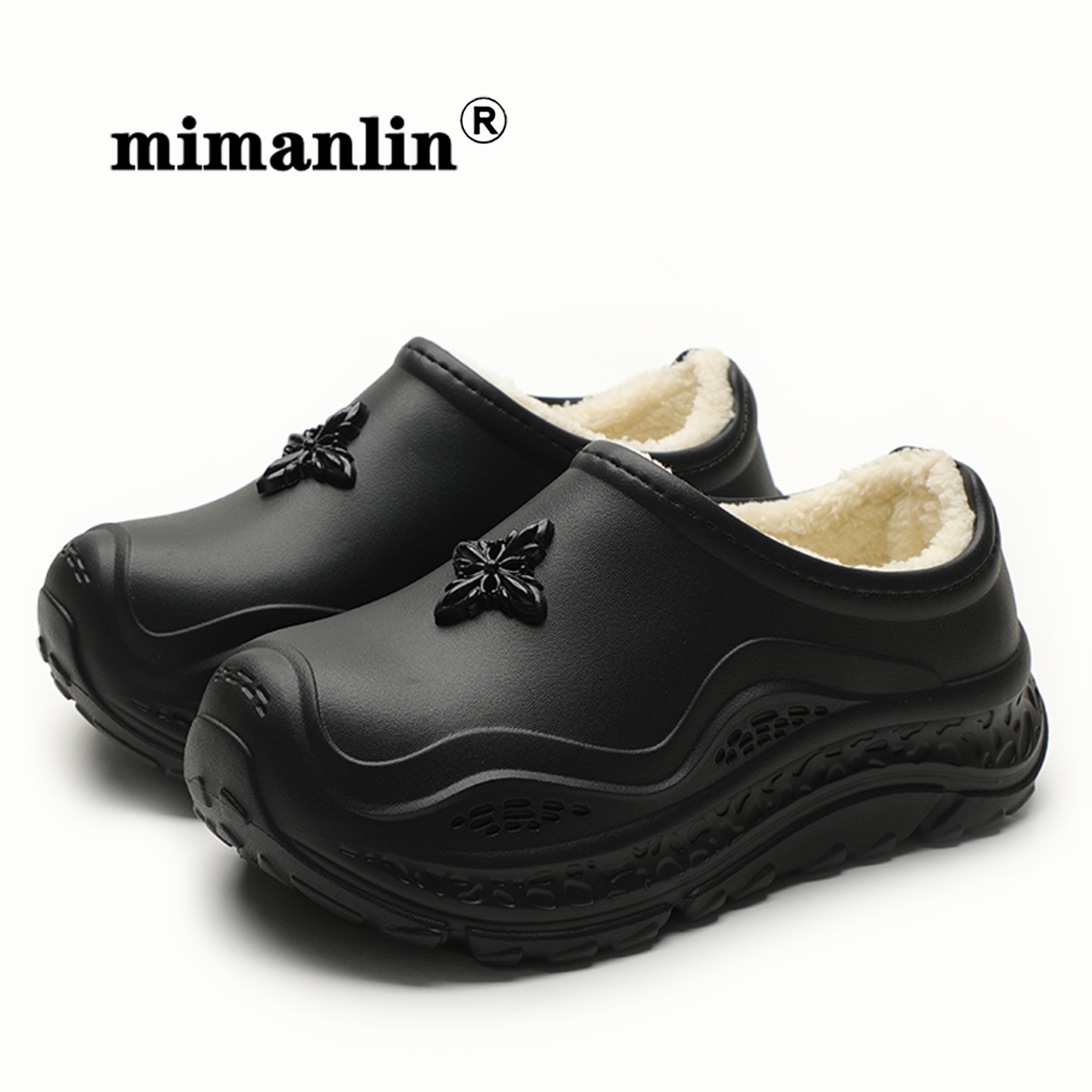 黑色厚底休闲鞋秋冬季加绒女鞋潮酷街头风保暖防水防滑一脚蹬棉鞋