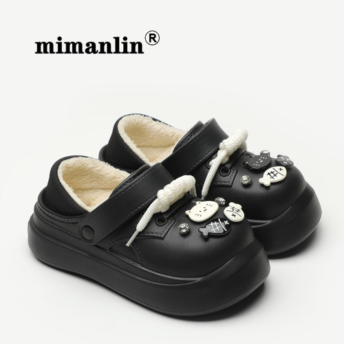 情侣卡通加绒洞洞鞋男女外穿秋冬季加绒棉鞋时尚防滑防水包跟棉拖