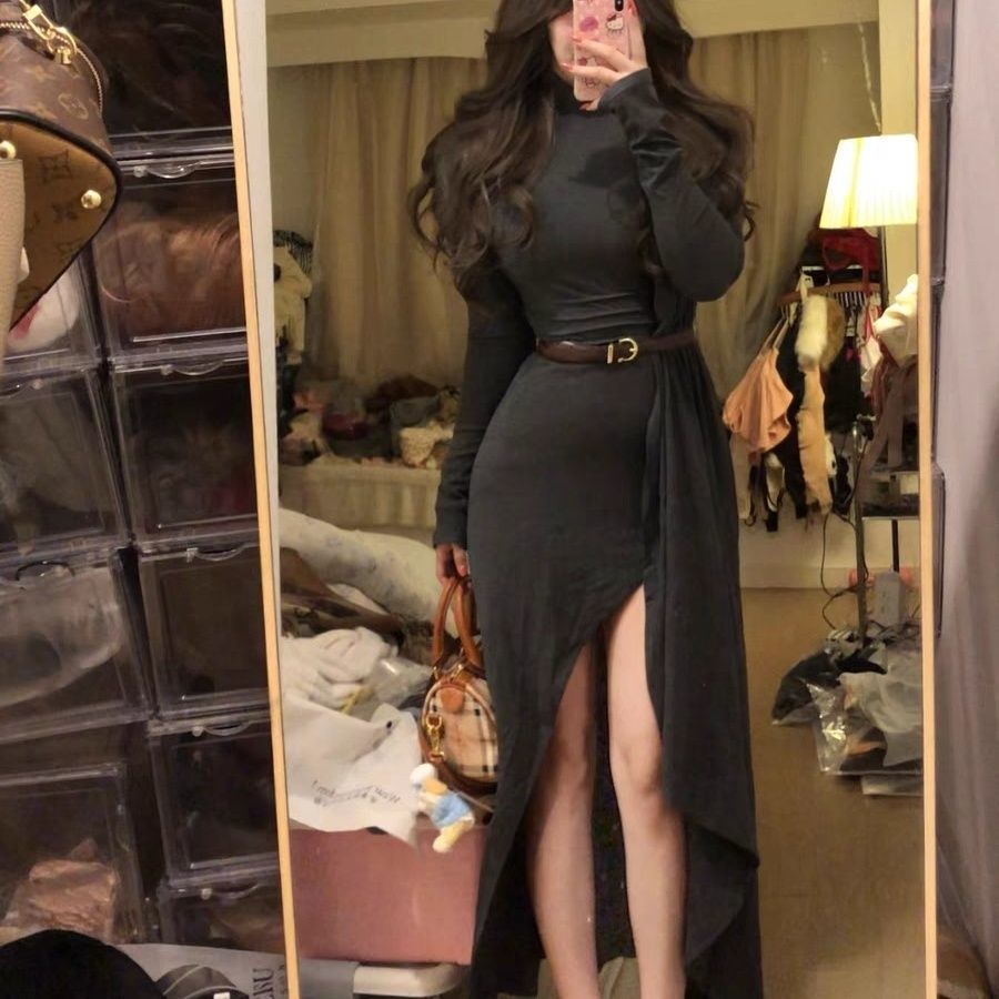 美式辣妹灰色长袖连衣裙女款秋冬连衣裙