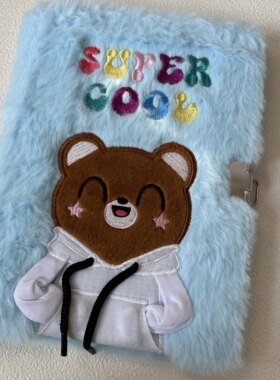 a5毛绒本子卡通小清新带锁日记本小熊笔记本可爱毛绒本子蓝色本子