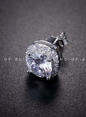 KINGOFBLING嘻哈圆钻镶嵌925纯银耳钉百搭个性情侣时尚高街耳饰潮