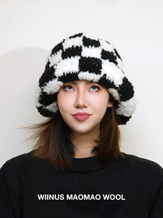WIINUS 原创纯手工钩织编制毛线毛绒帽子千鸟格保暖