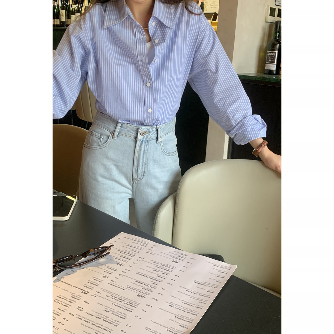 Yuluu蓝白条纹衬衫女2023春秋新款韩系宽松休闲百搭气质长袖衬衣_虎窝淘
