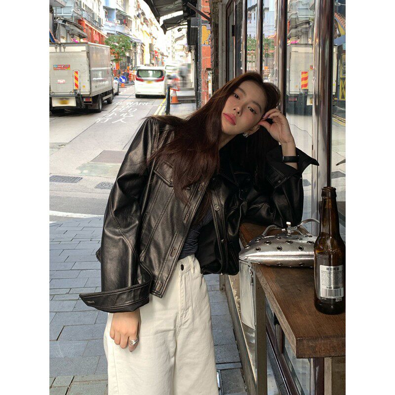 Halo Luu 黑色正肩皮衣外套女春季新款复古休闲短款高级感皮夹克